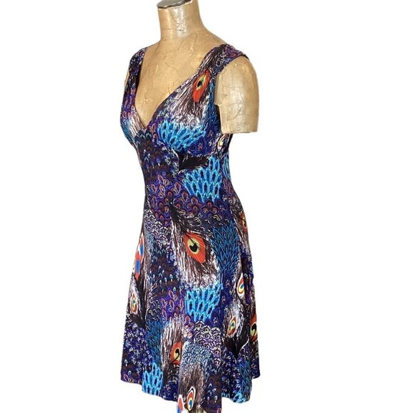 Colorful Novelty Peacock Print Slinky Sleeveless Dress Cutout Back S/M 75S - Picture 4 of 5